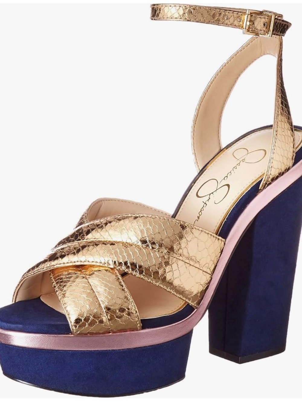 Jessica Simpson Gold Metallic Snake-Print Platform Sandals with Navy Block Heel